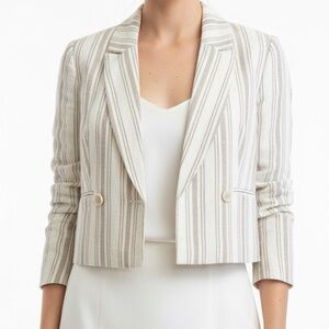 Evereve Janice Linen Blend Cropped Blazer Ivory and Tan Size S